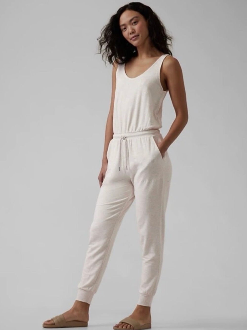Athleta Balance Jumpsuit XL Athletic Athleisure Lounge Heathered Greige